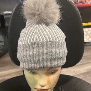 Christian Siriano Silver Knit Beanie with Faux Fur Pom Pom